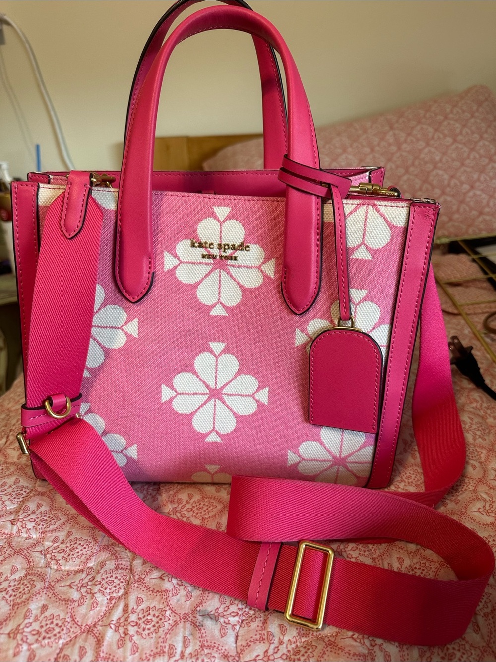 kate spade Pink and White Floral Canvas Satchel with Removable Strap